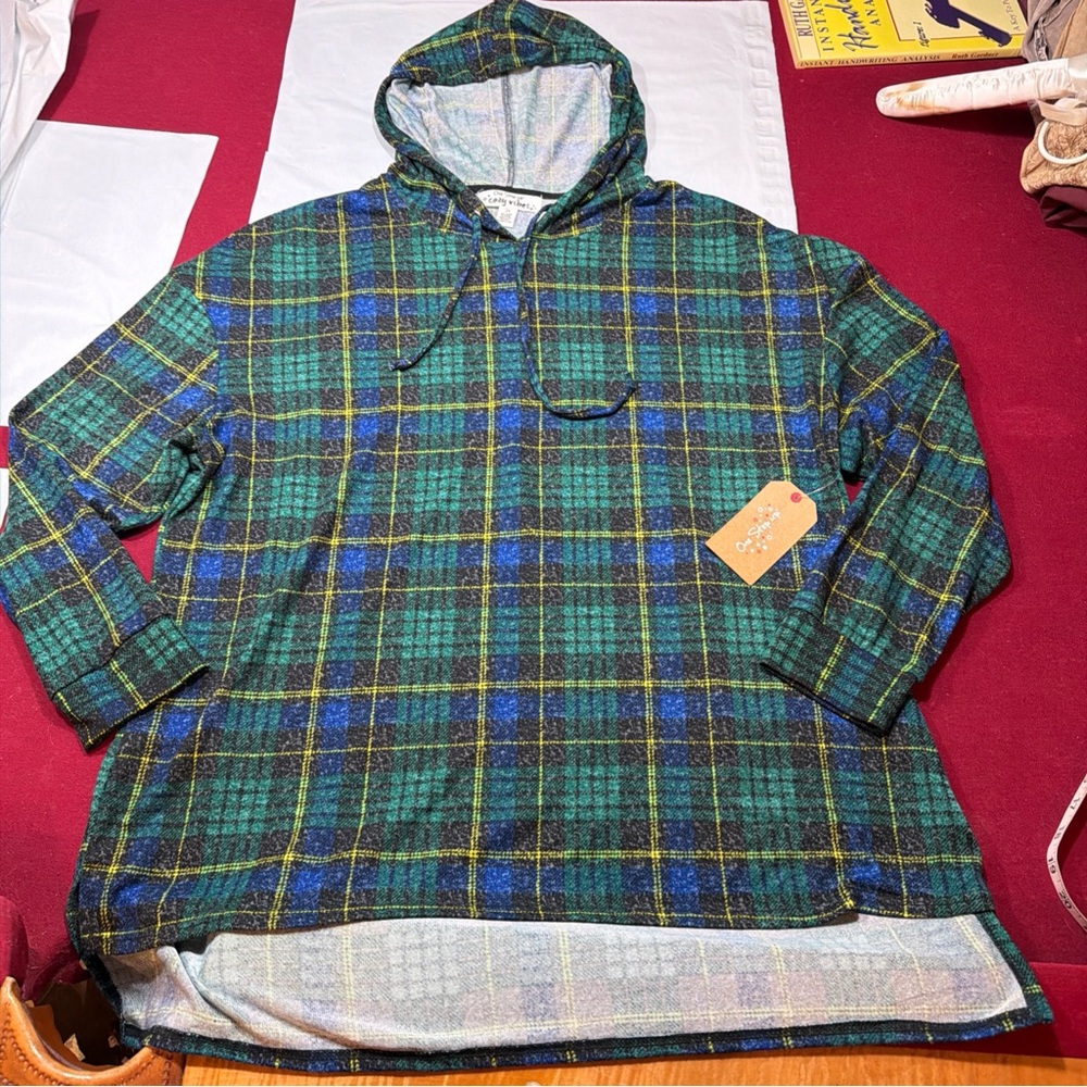 GREEN BLACK YELLOW wide PLAID HOODIE NEW sweater Cozy Vibes Tunic Women’s  2xl - Picture 12 of 12